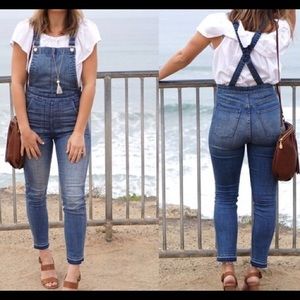 Large Madewell Indigo Skinny Overalls w/ raw hem